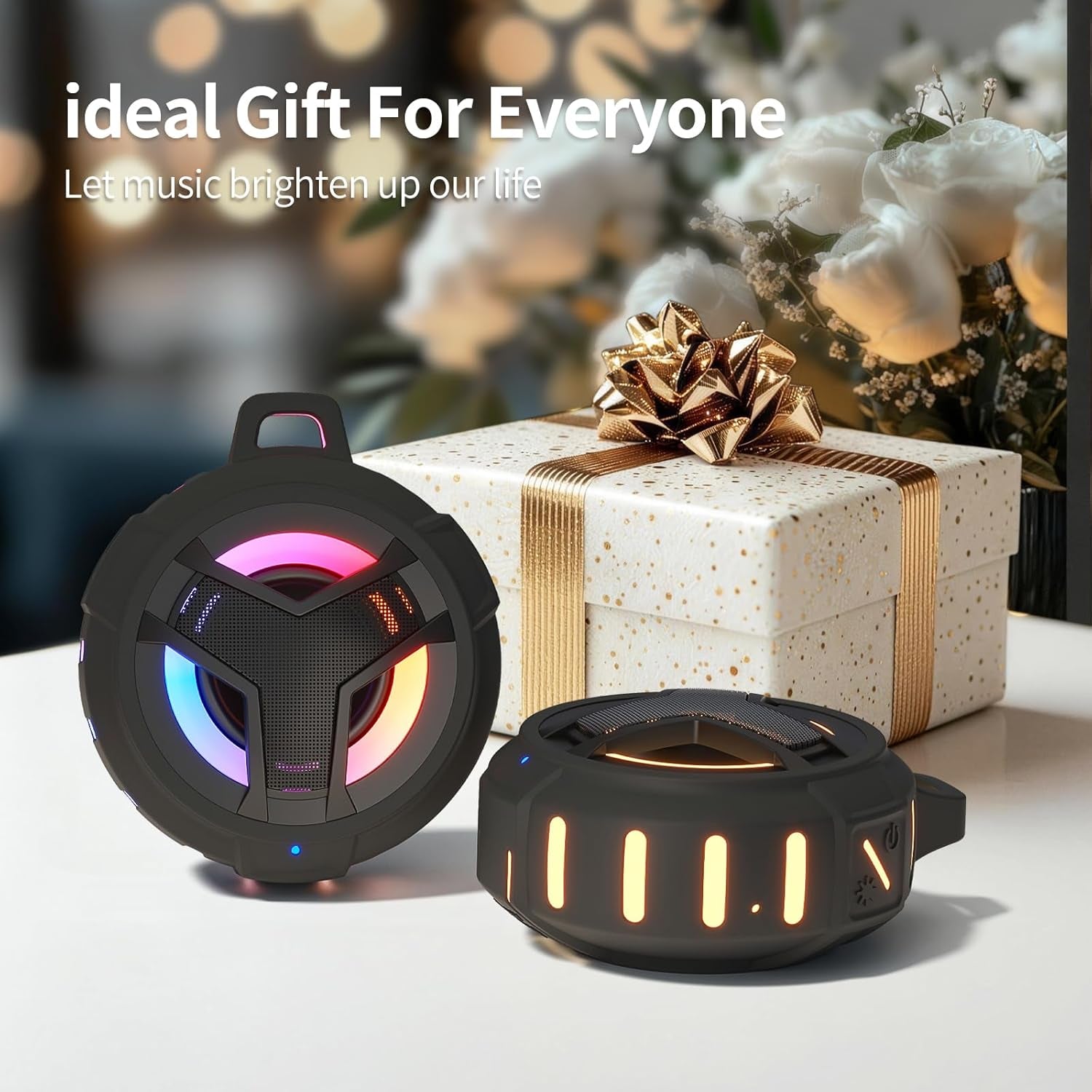 Bluetooth Shower Speaker - Portable IP67 Waterproof Wireless Speaker with LED Light, Floating Design, 2000mAh Battery, True Wireless Stereo for Kayaking and Beach Use, Unisex Gift - Black