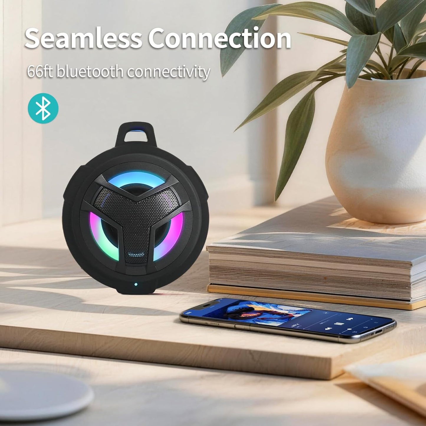 Bluetooth Shower Speaker - Portable IP67 Waterproof Wireless Speaker with LED Light, Floating Design, 2000mAh Battery, True Wireless Stereo for Kayaking and Beach Use, Unisex Gift - Black