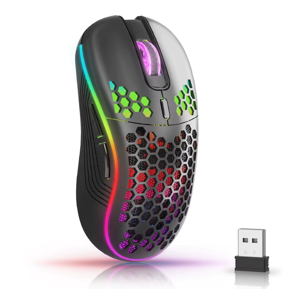 2.4GHz Wireless RGB Backlit Ergonomic Gaming Mouse with 6 Buttons, 3-Speed DPI, Type-C Rechargeable, Honeycomb Design