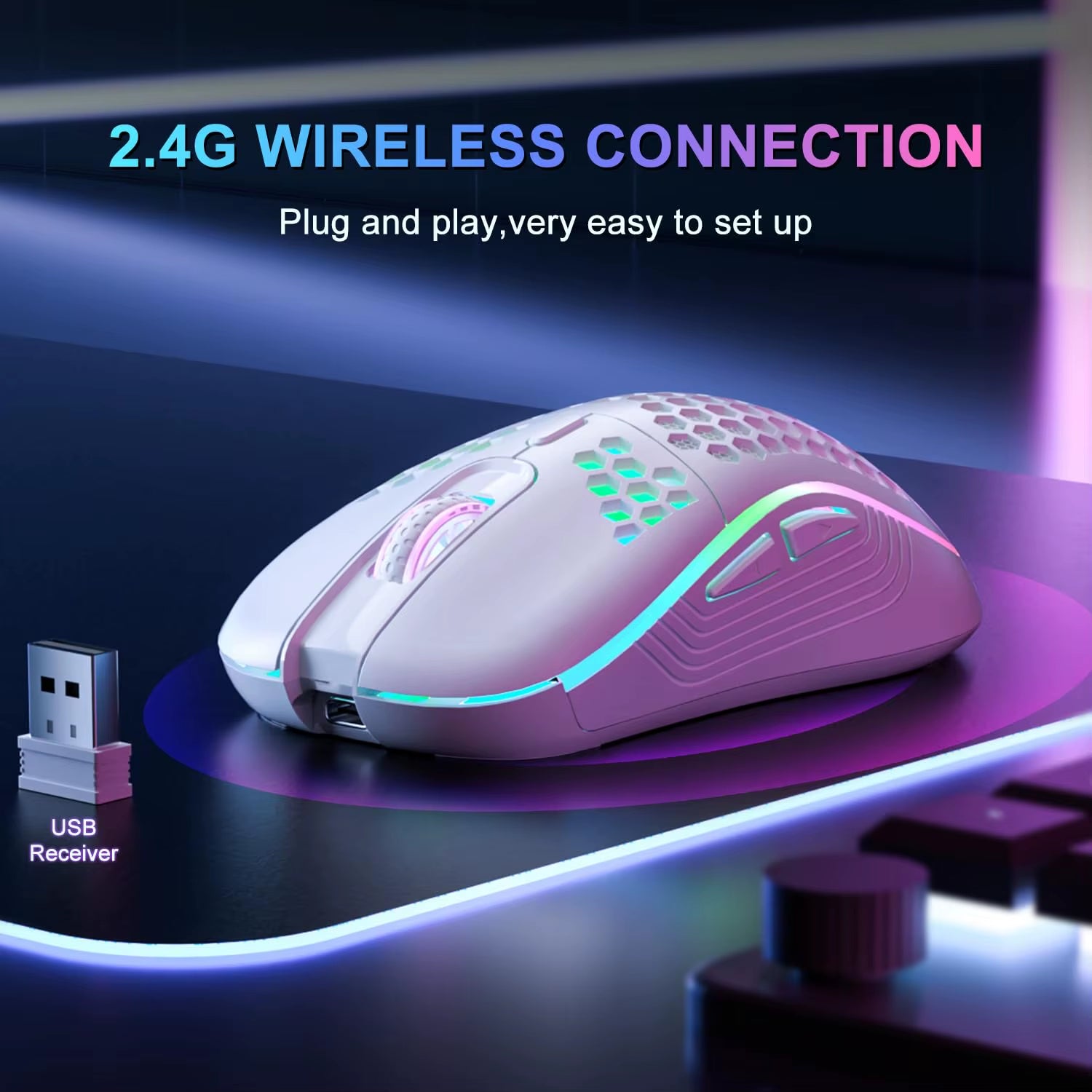2.4GHz Wireless RGB Backlit Ergonomic Gaming Mouse with 6 Buttons, 3-Speed DPI, Type-C Rechargeable, Honeycomb Design