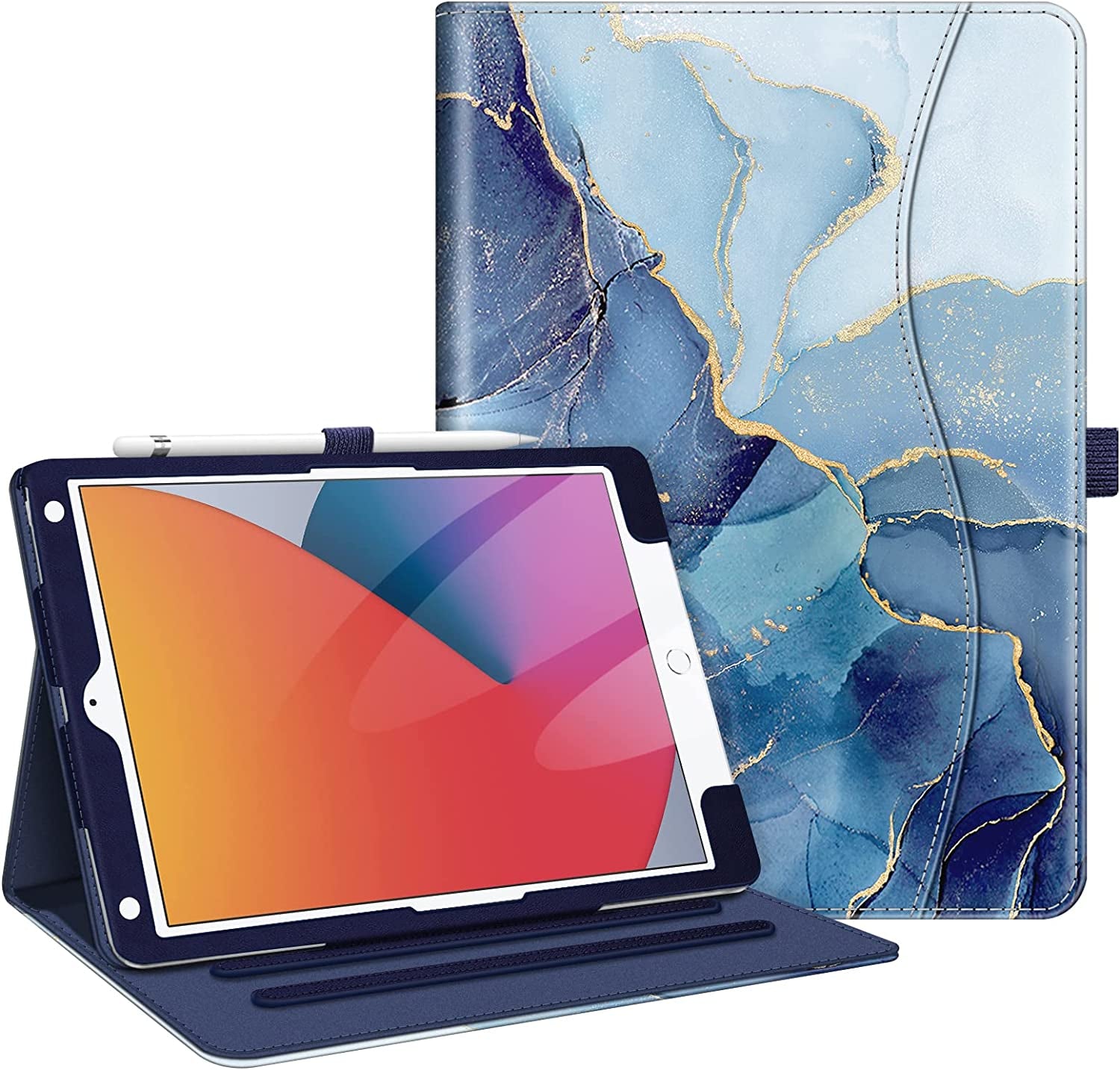 iPad 9th/8th/7th Generation (2021/2020/2019) 10.2 Inch Case - Multi-Angle Viewing Stand Cover with Corner Protection, Pocket & Pencil Holder, Auto Sleep/Wake Feature, Ocean Marble Design
