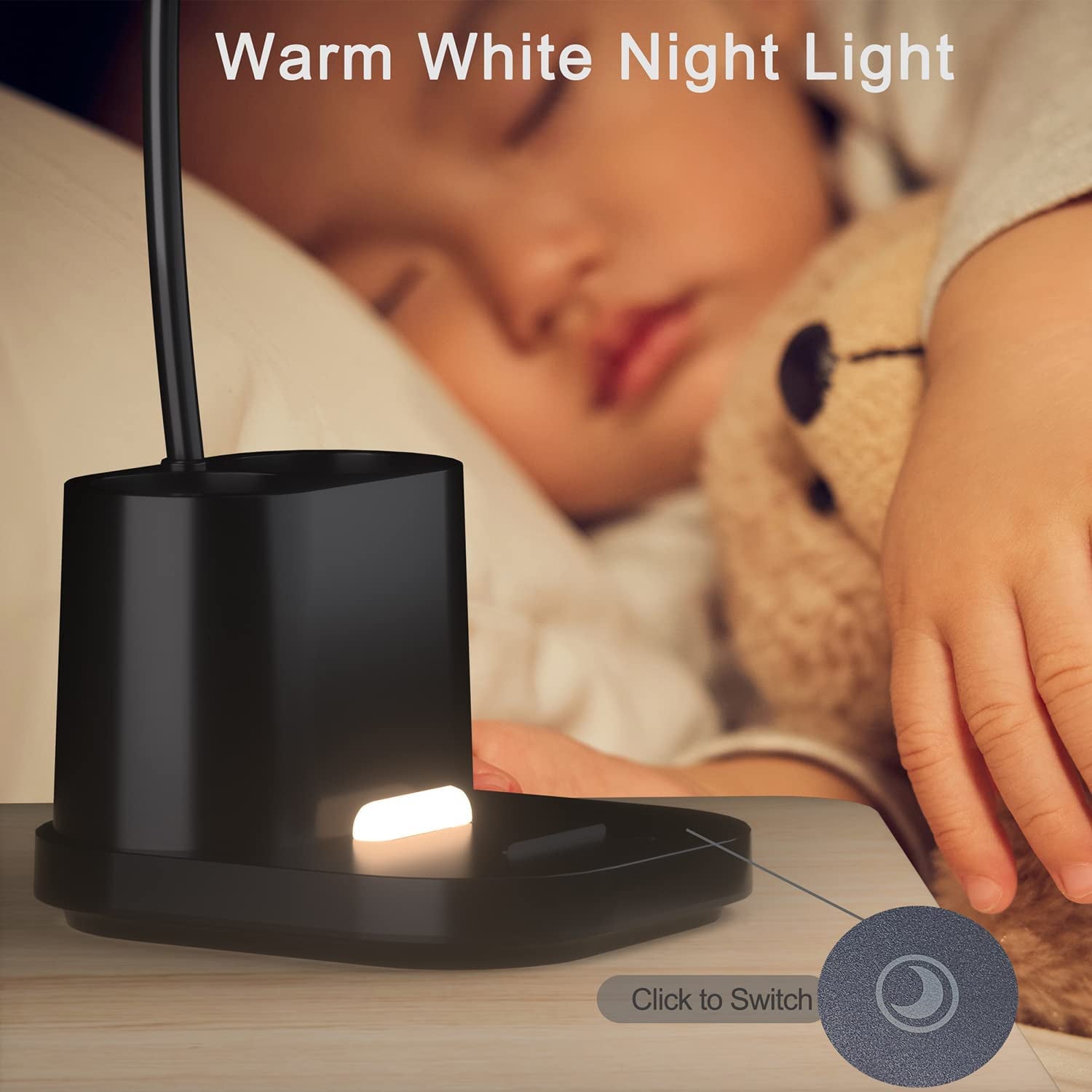 Children's LED Desk Lamp with Pen Holder, Battery Operated 3600mAh, 3 Color Modes and Stepless Dimming, Flexible Gooseneck Design for Home Office, Reading, and Study