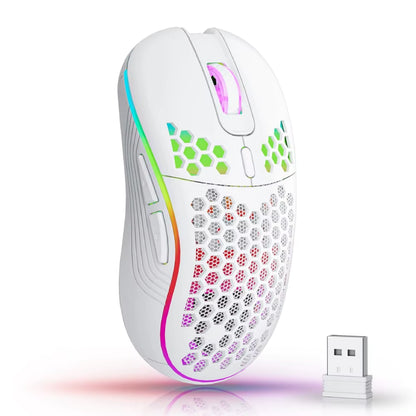 2.4GHz Wireless RGB Backlit Ergonomic Gaming Mouse with 6 Buttons, 3-Speed DPI, Type-C Rechargeable, Honeycomb Design