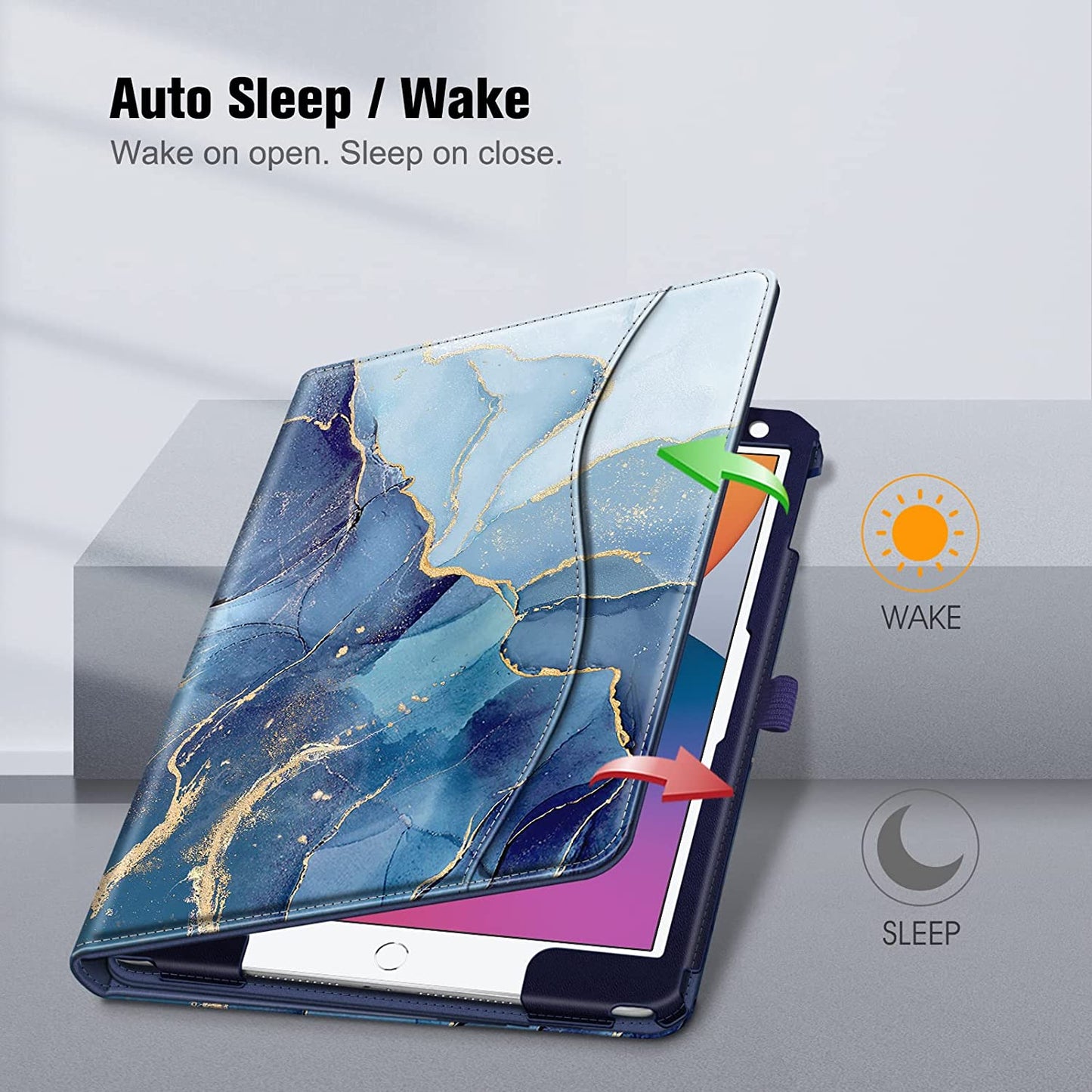 iPad 9th/8th/7th Generation (2021/2020/2019) 10.2 Inch Case - Multi-Angle Viewing Stand Cover with Corner Protection, Pocket & Pencil Holder, Auto Sleep/Wake Feature, Ocean Marble Design