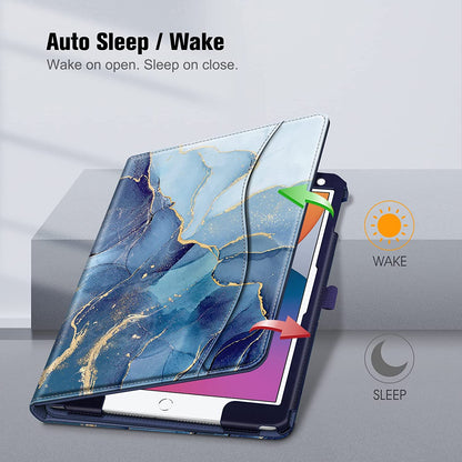 iPad 9th/8th/7th Generation (2021/2020/2019) 10.2 Inch Case - Multi-Angle Viewing Stand Cover with Corner Protection, Pocket & Pencil Holder, Auto Sleep/Wake Feature, Ocean Marble Design