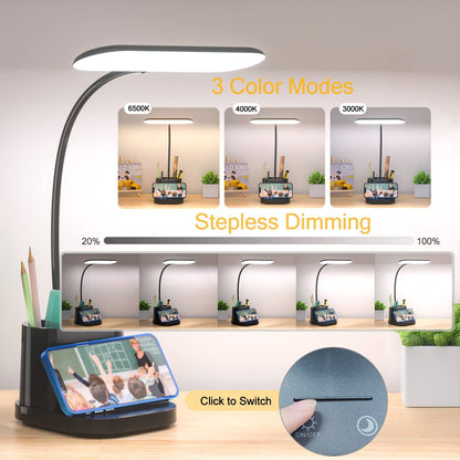 Children's LED Desk Lamp with Pen Holder, Battery Operated 3600mAh, 3 Color Modes and Stepless Dimming, Flexible Gooseneck Design for Home Office, Reading, and Study