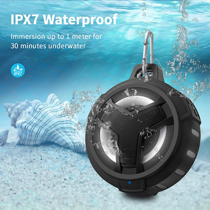 Bluetooth Shower Speaker - Portable IP67 Waterproof Wireless Speaker with LED Light, Floating Design, 2000mAh Battery, True Wireless Stereo for Kayaking and Beach Use, Unisex Gift - Black