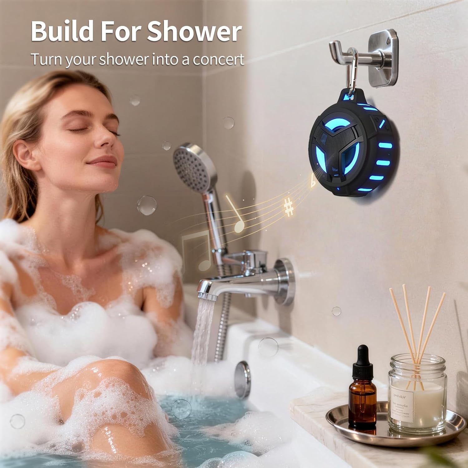 Bluetooth Shower Speaker - Portable IP67 Waterproof Wireless Speaker with LED Light, Floating Design, 2000mAh Battery, True Wireless Stereo for Kayaking and Beach Use, Unisex Gift - Black