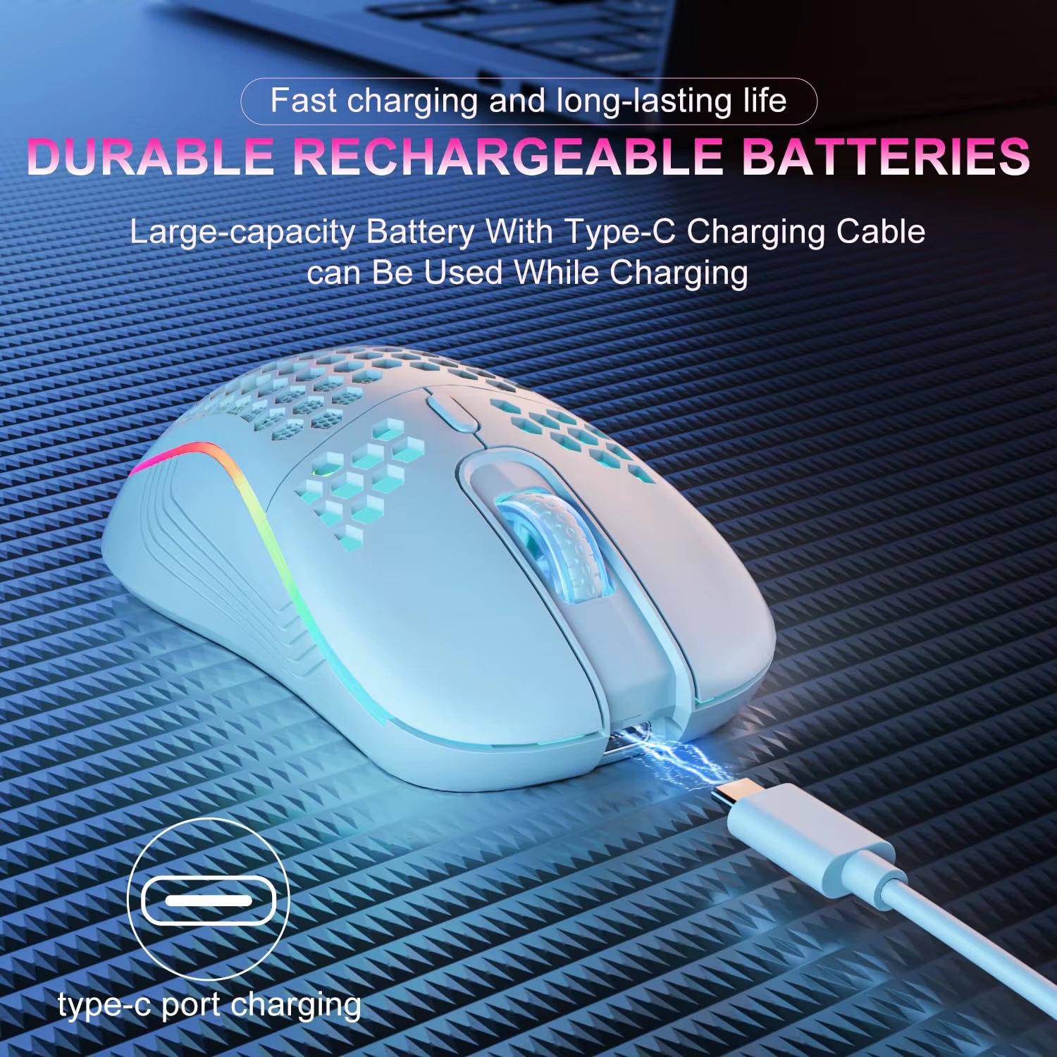 2.4GHz Wireless RGB Backlit Ergonomic Gaming Mouse with 6 Buttons, 3-Speed DPI, Type-C Rechargeable, Honeycomb Design
