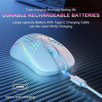 2.4GHz Wireless RGB Backlit Ergonomic Gaming Mouse with 6 Buttons, 3-Speed DPI, Type-C Rechargeable, Honeycomb Design