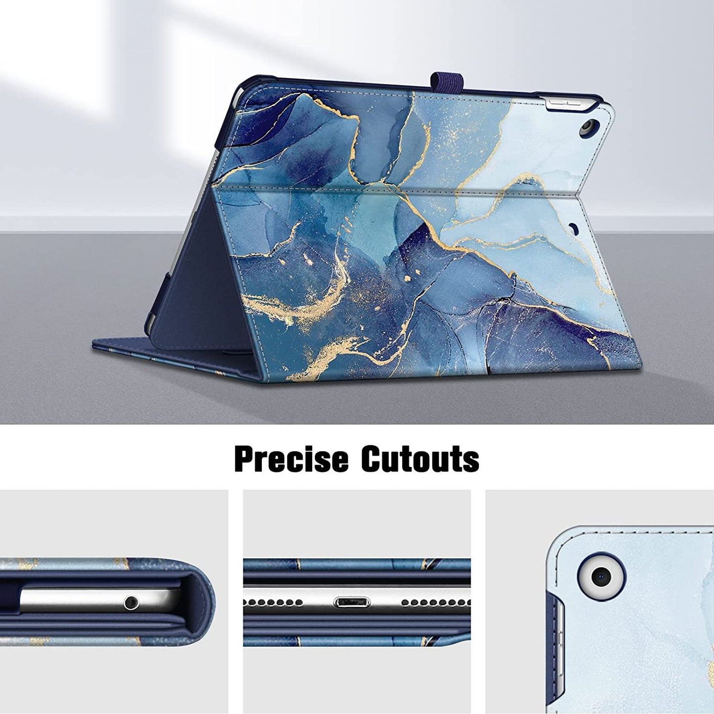 iPad 9th/8th/7th Generation (2021/2020/2019) 10.2 Inch Case - Multi-Angle Viewing Stand Cover with Corner Protection, Pocket & Pencil Holder, Auto Sleep/Wake Feature, Ocean Marble Design