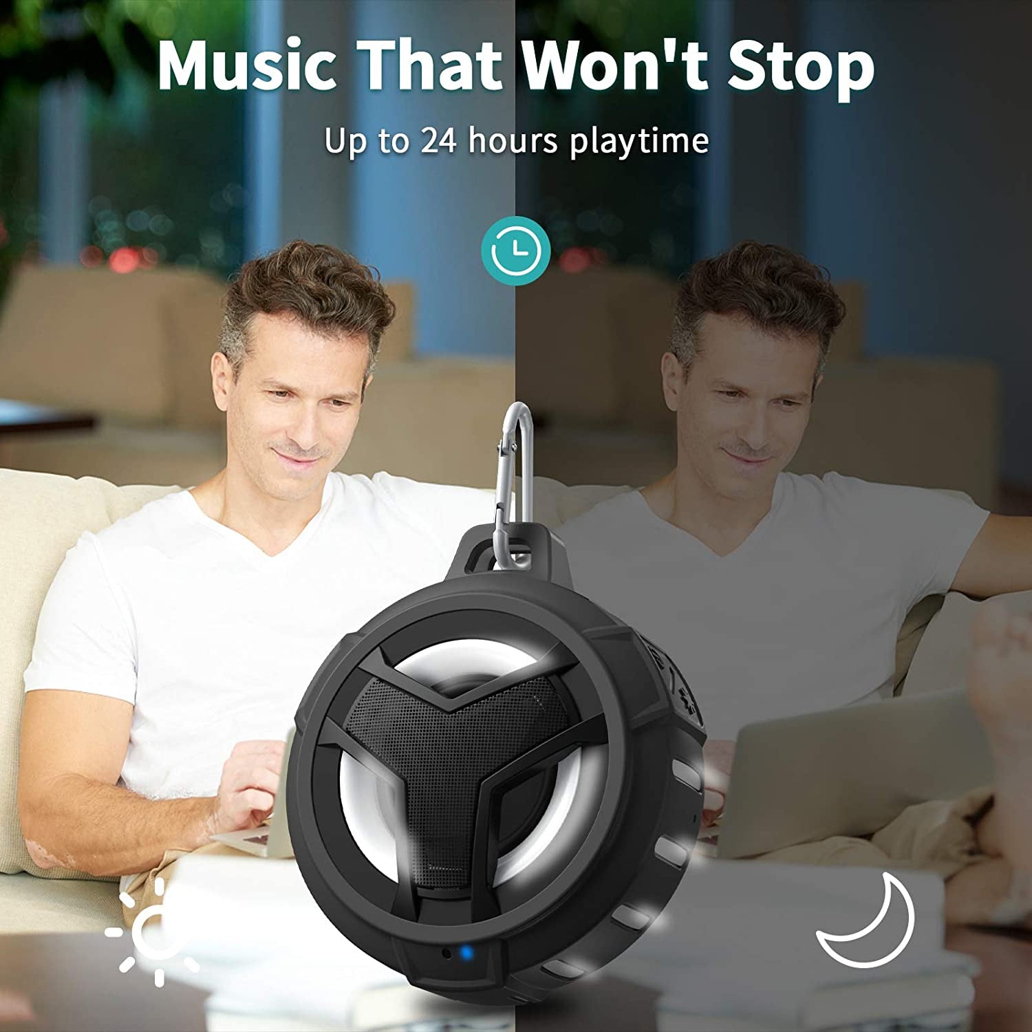 Bluetooth Shower Speaker - Portable IP67 Waterproof Wireless Speaker with LED Light, Floating Design, 2000mAh Battery, True Wireless Stereo for Kayaking and Beach Use, Unisex Gift - Black